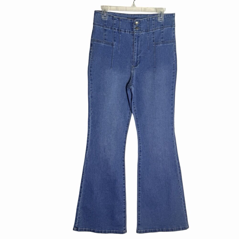 High Rise Bell Bottom Flare Blue Jeans Juniors 11 Pintuck 70s Style NoBoundaries